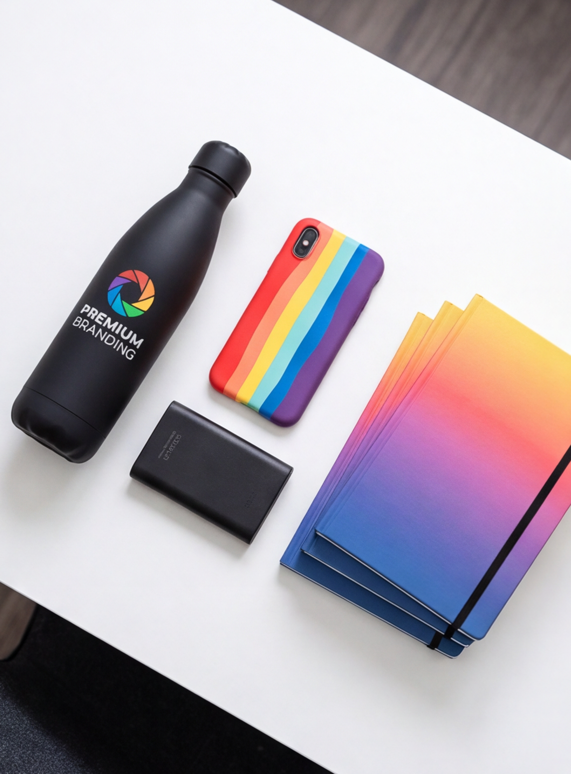 Branded corporate gift set — bottle, phone case and notebooks