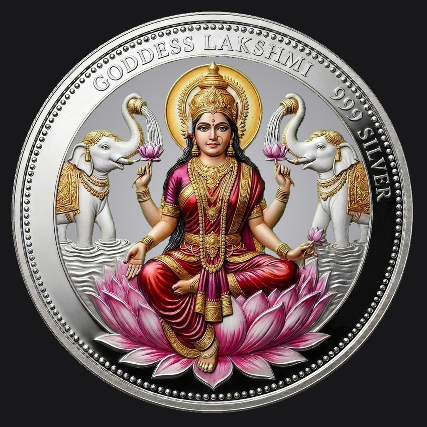 Goddess Lakshmi coin in 999 silver, full-colour printed