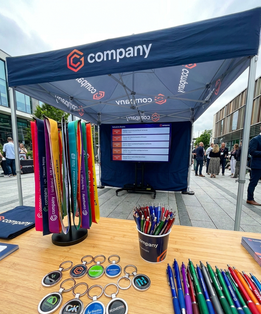 Branded gazebo, lanyards, keyrings and pens at a corporate event