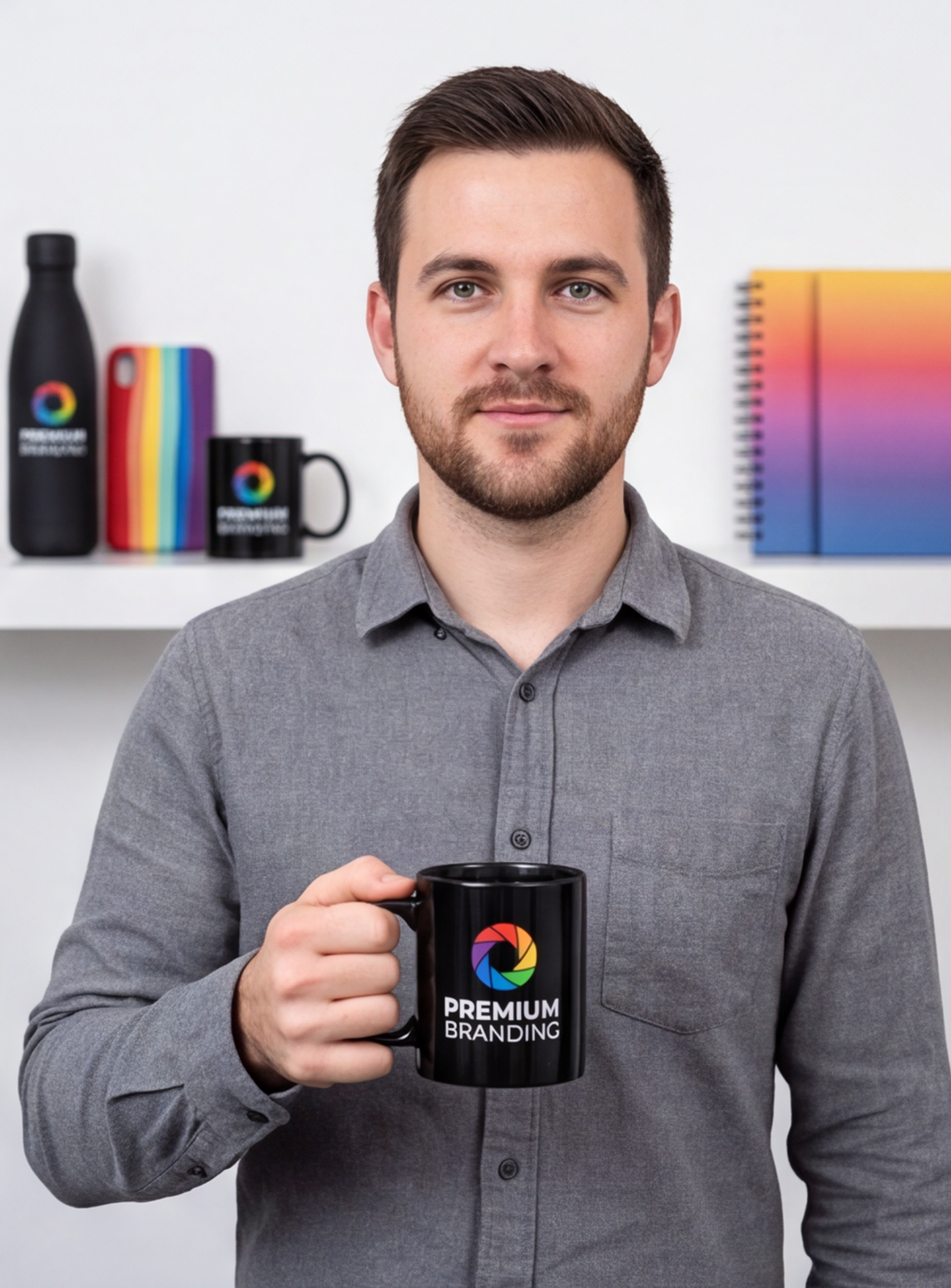 Branded coffee mug held by a person