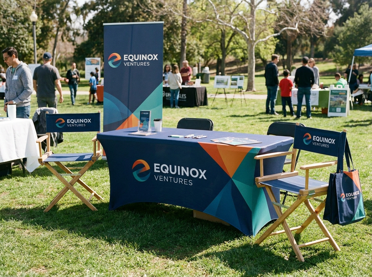 Branded stretch tablecloth and director's chairs